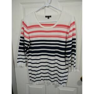 Lett & Me Woman's L Sweater Striped Nautical White Blue Pink Lightweight 3/4...